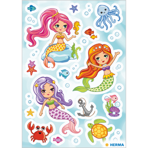 Bunte Meerjungfrauen-Sticker in verschiedenen Posen, umgeben von Fischen, einem Kraken, einem Krebs und einer Schildkröte.