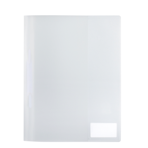 Transparente Klarsichthülle mit einer weißen Beschriftungsfläche in der unteren rechten Ecke. Ideal für die Aufbewahrung von Dokumenten.