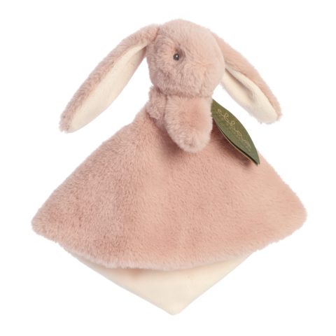 Kuschelhase mit langen Ohren und einem weichen, beigen Körper. Das Spielzeug hat eine grüne Etikette.