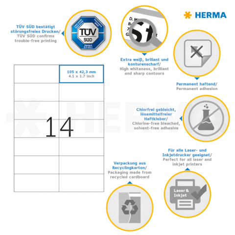 Etikettenblatt mit 14 Etiketten, Informationen zu Druckqualität, Haftung, Material und Recycling, sowie TÜV-Siegel für störungsfreies Drucken.