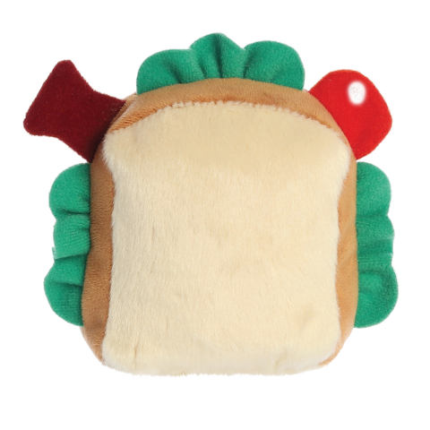 Kuscheltier in Form eines Sandwiches mit bunten Details, darunter eine Darstellung von grünem Salat und roten Tomaten.
