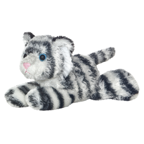 Plüsch-Tiger mit grauen und weißen Streifen, großen blauen Augen und einer rosa Nase, in liegender Position.