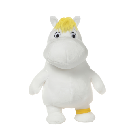Plüschfigur eines Mumin mit gelber Mähne, steht aufrecht und hat große, runde Augen.