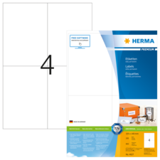 Etikettenblatt mit vier Etiketten, Marke Herma, inklusive Informationen zu Software und Produktdetails.