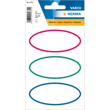 Drei ovalförmige Etiketten in pink, grün und blau auf einer Verpackung, insgesamt 18 Stück, Größe 74x36 mm.