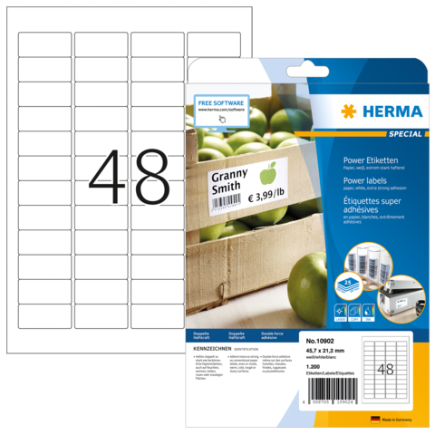 Etikettenpackung mit 48 selbstklebenden Etiketten für Obst, abgebildet mit einem Beispieletikett für Granny Smith Äpfel.