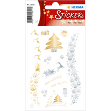 Weihnachtliche Aufkleber mit goldenen und silbernen Motiven, darunter Geschenke, Weihnachtsbäume, Schneeflocken und Rentiere.
