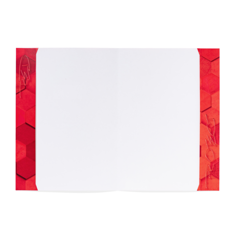 Rotes Notizbuch mit hexagonalen Mustern an den Rändern und einer leeren Innenseite für Notizen oder Zeichnungen.