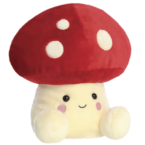 Plüschpilz mit rotem Hut und weißen Punkten, lächelnd mit rosa Wangen und runden, freundlichen Augen.