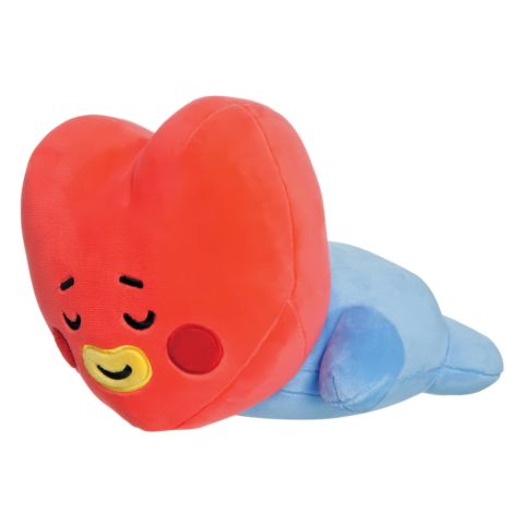 Ein rotes, herzförmiges Plüschtier mit einem lächelnden Gesicht und blauen Details, das auf der Seite liegt.