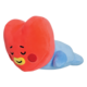 Ein rotes, herzförmiges Plüschtier mit einem lächelnden Gesicht und blauen Details, das auf der Seite liegt.
