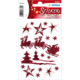 Rote Glitzer-Sticker in Form von Sternen, Weihnachtsbäumen und Rentieren auf einem weißen Hintergrund.