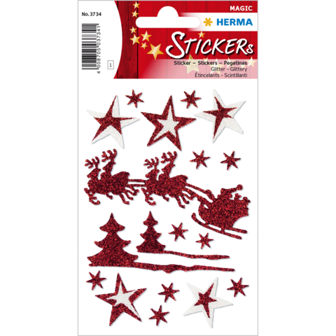 Rote Glitzer-Sticker in Form von Sternen, Weihnachtsbäumen und Rentieren auf einem weißen Hintergrund.
