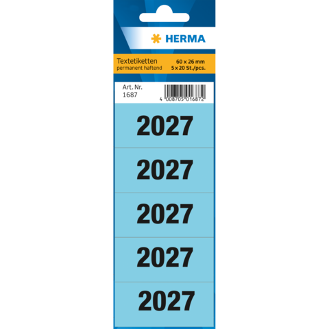 Blaues Etikettenblatt mit fünfzehn permanent haftenden Textetiketten, jeweils mit der Aufschrift "2027". Maße: 60 x 26 mm.