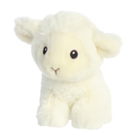 Weiches, plüschiges Schaf mit runden Augen und kleinen Ohren, sitzt aufrecht und hat ein freundliches Aussehen.