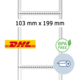 DHL-Logo, BPA-frei-Symbol und eine Grafik eines Etiketts mit den Maßen 103 mm x 199 mm.