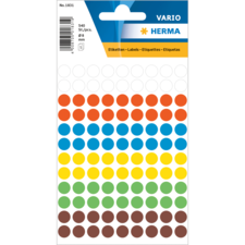 Bunte Etiketten in verschiedenen Farben, verpackt in einem Blatt mit 540 runden Aufklebern, geeignet für Beschriftungen und Organisation.