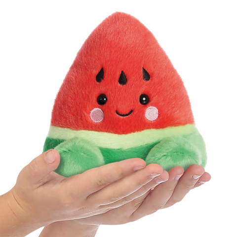 Ein weiches, plüschiges Kissen in Form einer Wassermelone, das von einer Hand gehalten wird. Es hat ein freundliches Gesicht und strahlende Farben.
