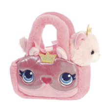 Bunte, plüschige Handtasche mit einem weißen Hundekopf und einer lila Blume auf der Vorderseite.