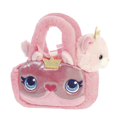 Bunte, plüschige Handtasche mit einem weißen Hundekopf und einer lila Blume auf der Vorderseite.