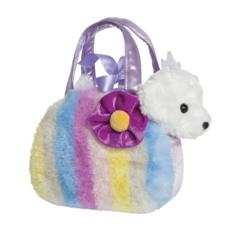 Bunte, plüschige Handtasche mit einem weißen Hundekopf und einer lila Blume auf der Vorderseite.