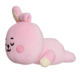 Ein rosa Plüschkaninchen mit geschlossenen Augen und einem entspannten Ausdruck, das auf der Seite liegt.