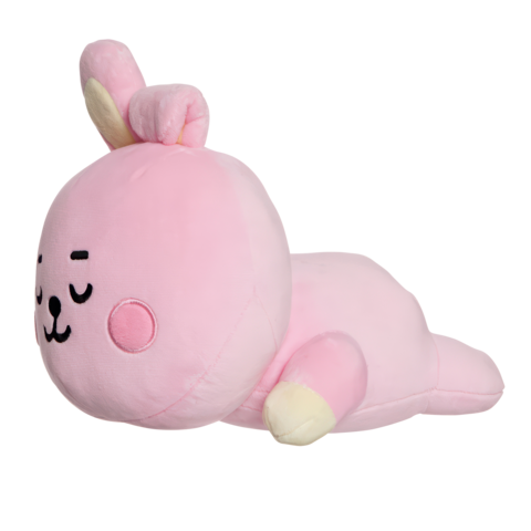 Ein rosa Plüschkaninchen mit geschlossenen Augen und einem entspannten Ausdruck, das auf der Seite liegt.