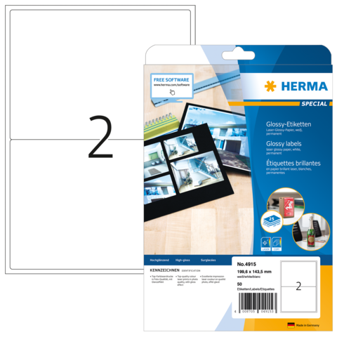 Packung mit glänzenden Etiketten von HERMA, enthält 50 Etiketten in der Größe 199,4 x 143,5 mm, mit Softwarehinweis.