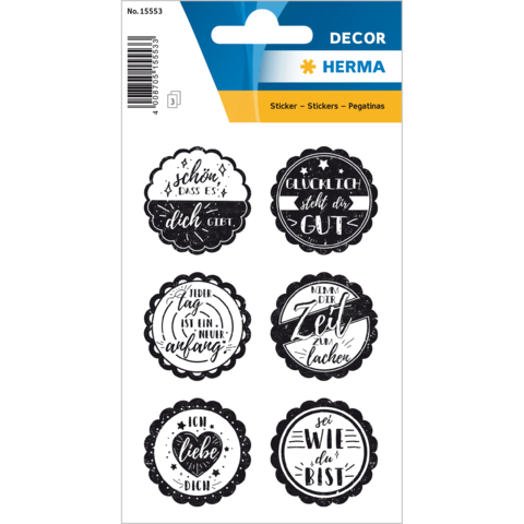 Sechs runde Aufkleber mit verschiedenen positiven Sprüchen in Schwarz-Weiß, darunter "Ich liebe dich" und "Sei, wie du bist".