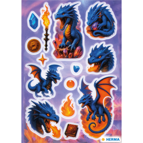 Aufkleber mit blauen Drachen, Kristallen, einer Fackel, Münzen und Flammen in unterschiedlichen Posen und Designs.