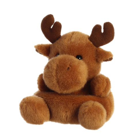 Braunes Plüschrentier mit kleinen Hörnern, sitzt aufrecht mit einem runden Körper und einem freundlichen Gesichtsausdruck.