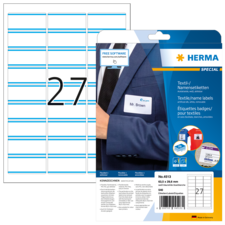 Namensetiketten auf einem Bogen mit der Nummer 27, verpackt in einer Herma-Hülle. Enthält Textinformationen und Softwarehinweise.