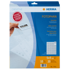 Packung mit Fotohüllen für Diapositive, 10 Stück, 5x5 cm, transparent, von der Marke Herma, mit seitlichen Taschen.