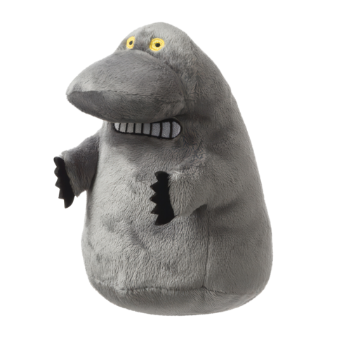 Graues Plüschmonster mit großen Augen, breitem Maul und schwarzen Händen, steht aufrecht und hat eine runde Form.