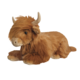 Plüschfigur eines Highlandrinds mit braunem Fell und charakteristischen Hörnern, in liegender Position.