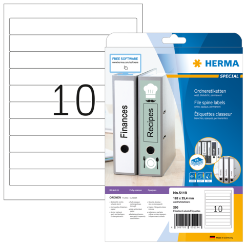 Ordneretiketten von Herma, inklusive Vorlagen-Software, für die Beschriftung von Aktenordnern mit den Themen Finanzen und Rezepte.