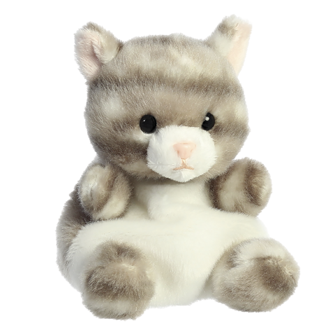 Kuscheltier in Form einer Katze mit grauem und weißem Fell, großen Augen und einem süßen Gesichtsausdruck.