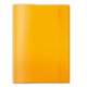 Ein orangefarbenes Notizbuch mit einem glänzenden Cover, das leicht geöffnet ist und auf einem weißen Untergrund liegt.