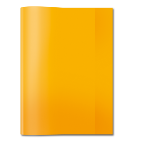 Ein orangefarbenes Notizbuch mit einem glänzenden Cover, das leicht geöffnet ist und auf einem weißen Untergrund liegt.
