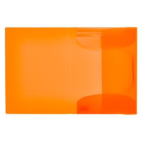 Transparente orangefarbene Mappe mit zwei Fächern, geeignet für die Aufbewahrung von Dokumenten oder Unterlagen.