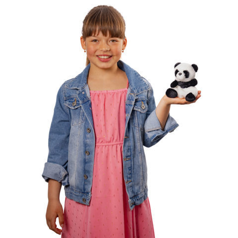 Ein Mädchen in einem rosa Kleid und einer Jeansjacke hält einen kleinen Plüschpanda in der Hand und lächelt."
(Note: The text is already in German and does not require translation. It is clear and fluent as it is.)