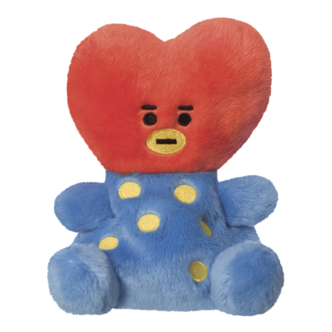 Ein plüschiger Teddybär mit einem roten Herzkopf und blauen Körper, der gelbe Punkte hat.