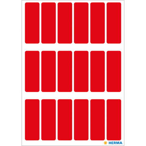 Rote Etiketten auf einem weißen Bogen, angeordnet in mehreren Reihen und Spalten. Ideal für Beschriftungen oder Kennzeichnungen.