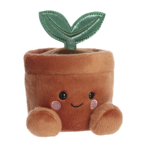 Kuscheltopf mit einem lächelnden Gesicht und zwei runden Armen, aus dem ein grünes Blatt wächst.