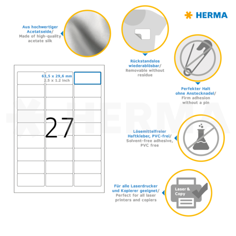 Etikettenblatt mit 27 Etiketten, aus hochwertigem Acetatseide, rückstandslos ablösbar, für Laserdrucker geeignet.