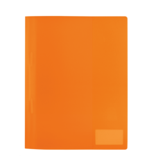 Ein leuchtend orangefarbener Ordner mit einer glatten Oberfläche und einer kleinen, leeren Etikettfläche in der unteren rechten Ecke.