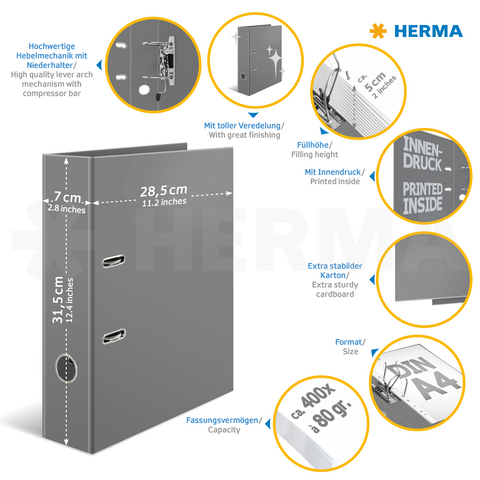 Graue Präsentationsmappe mit Hebelmechanik, bedruckt innen und außen, Füllhöhe von 5 cm, geeignet für A4-Dokumente, aus stabiler Kartonage.