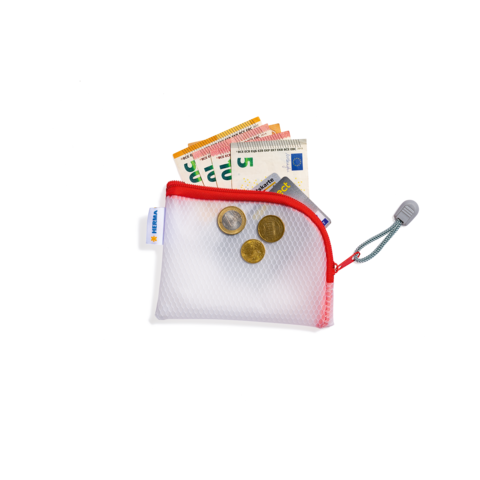 Ein durchsichtiger Geldbeutel mit Münzen und Geldscheinen in Euro.
