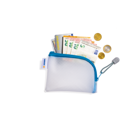 Ein durchsichtiger Geldbeutel mit Geldscheinen und Münzen, die teilweise herausragen.