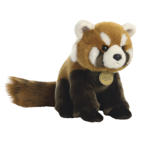 Plüschfigur eines roten Pandas mit braunem und schwarzem Fell, weißen Ohren und einem runden Gesicht. Trägt ein Etikett mit dem Namen "Mizzie".